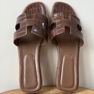 Hermes Brown Croc-Embossed H Slide Sandals — Chocolate Brown